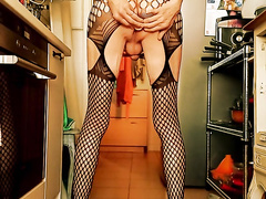 crossdresser with red wig and laces